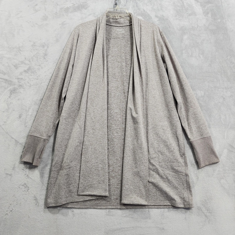 Eddie Bauer Cardigan Sweater Womens L Gray Open Front Longline Thumbholes Casual